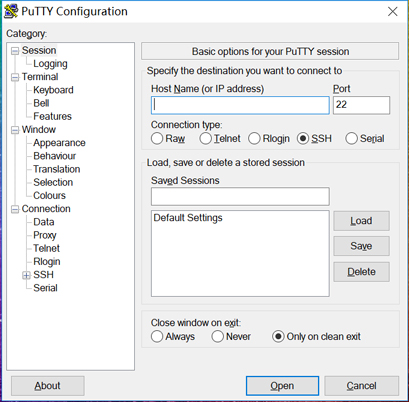 putty menu zur ssh verbindung mit vpn server