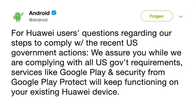 statement von google android auf twitter zum thema huawei verbot 