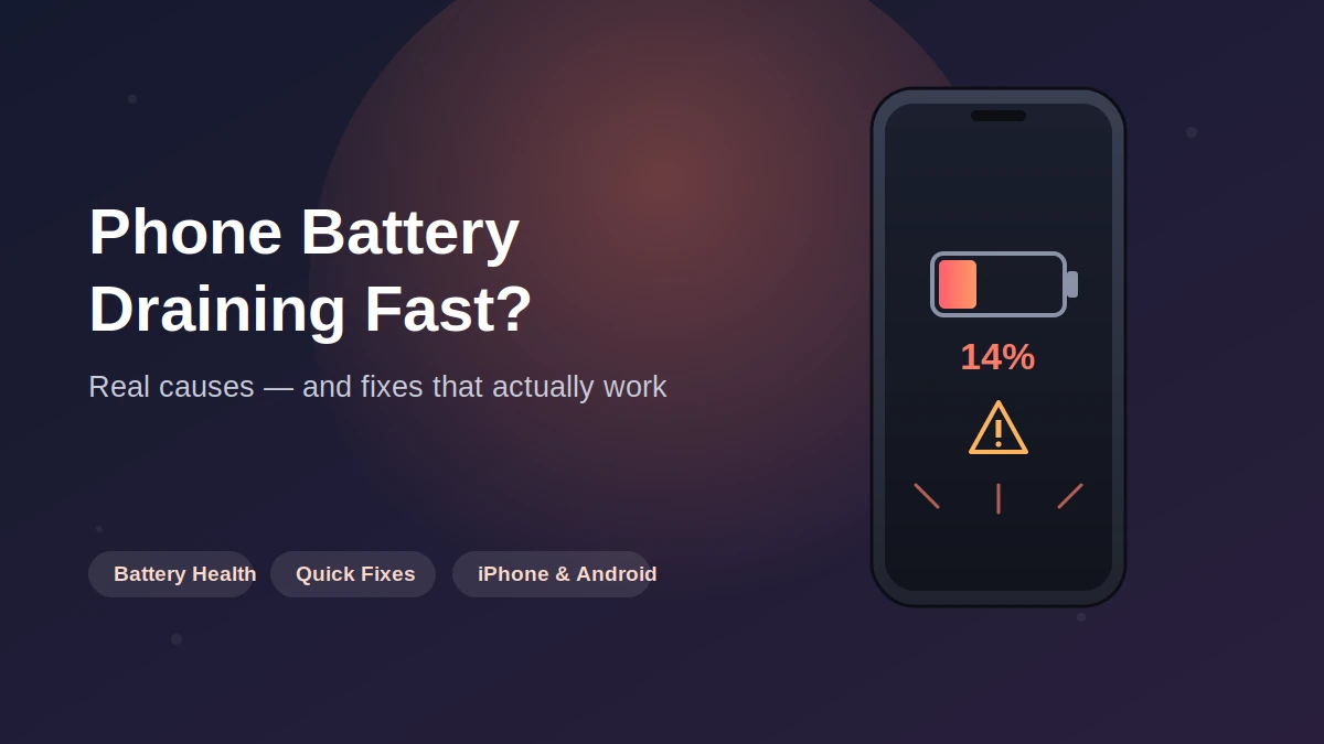 Phone battery draining fast warning screen showing low battery percentage and alert icon