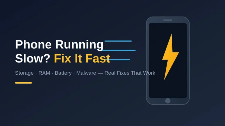 Phone running slow fix guide showing storage, RAM, battery and speed icons